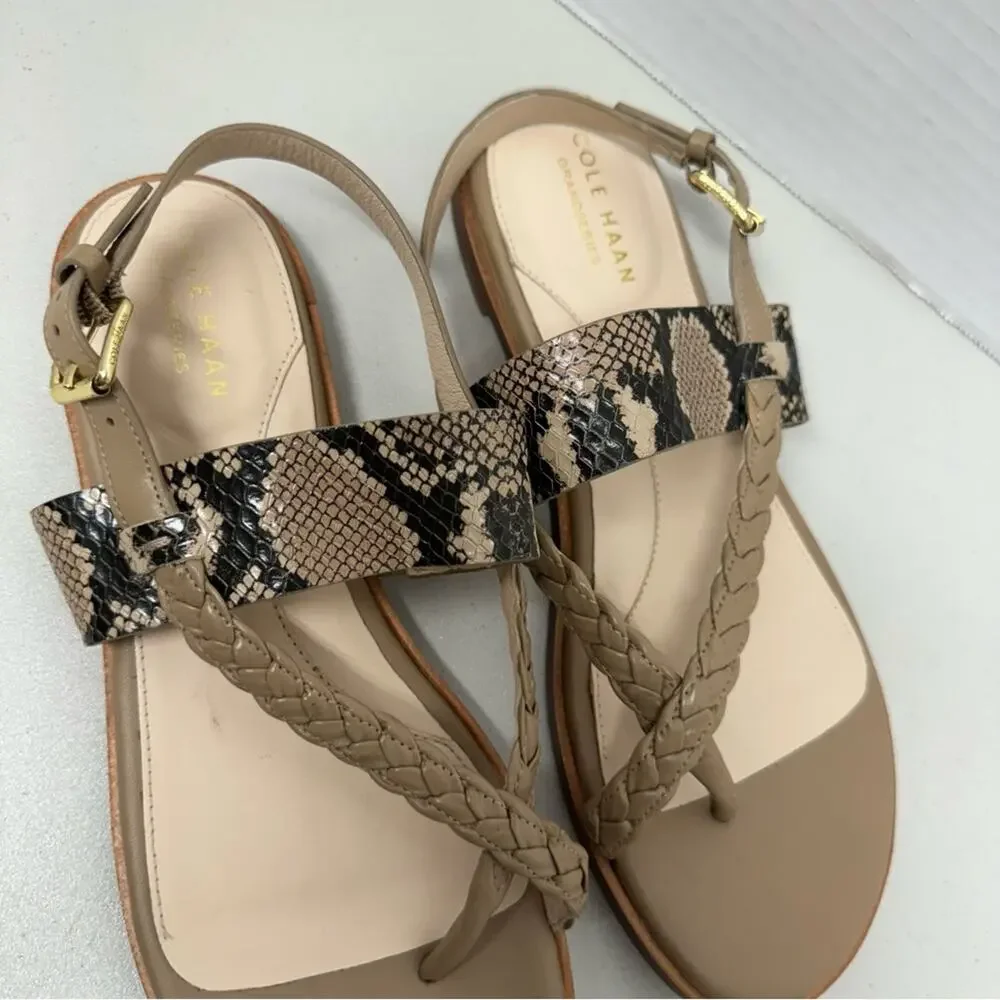 Cole Haan Grand Series Strappy Leather Sandals Women 8.5 Snake Print Cream Beach